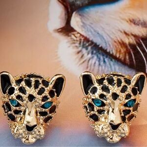 Black, Gold, Green Eyes Leopard, Animal Designer Style Stud Earrings